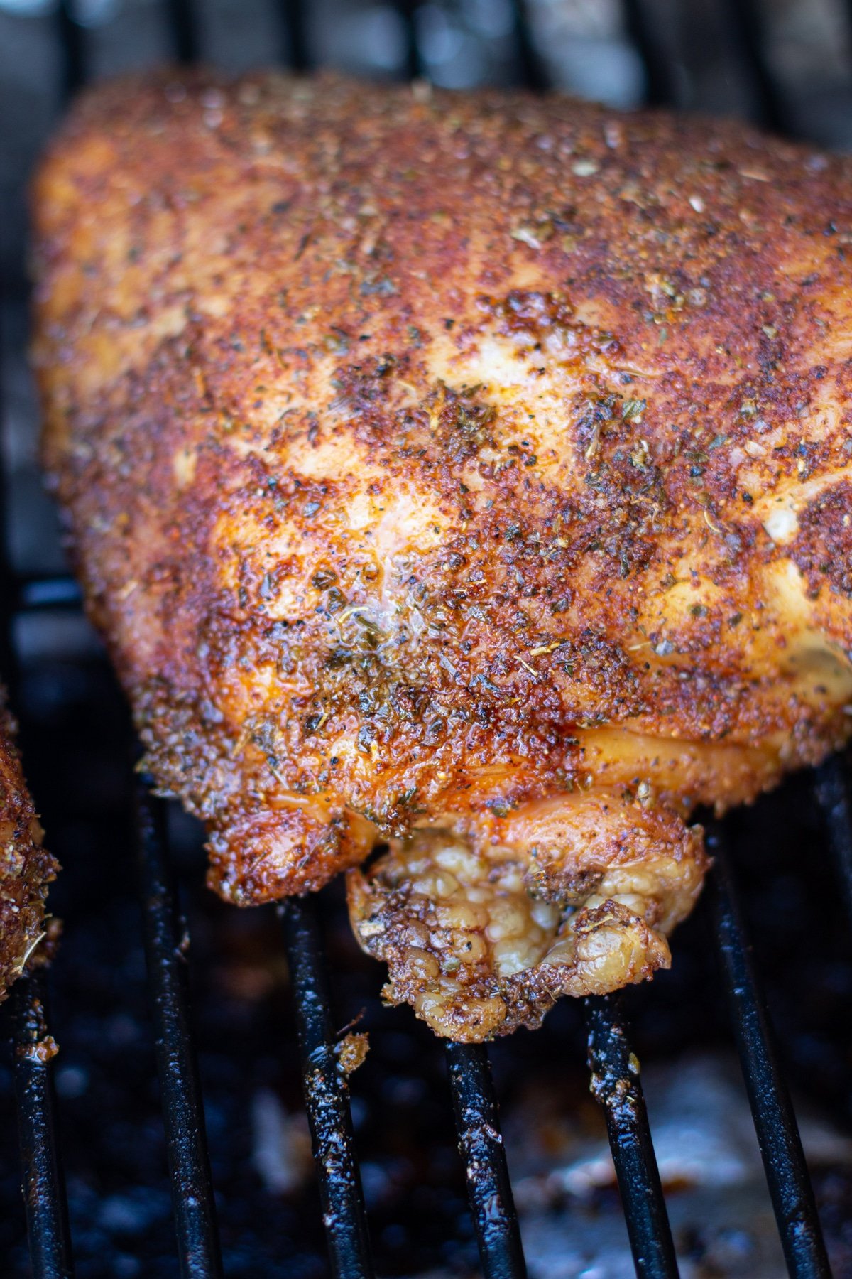 Close up of smoked chicken thigh. 