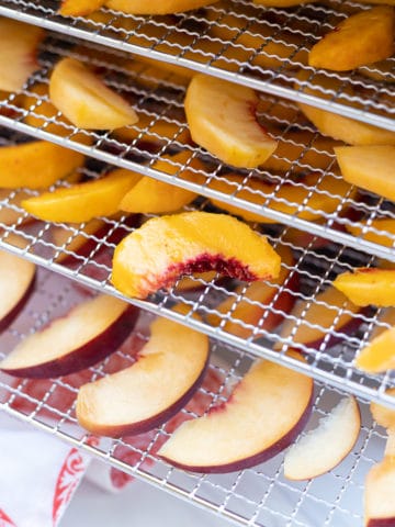 Fresh peach slices on dehydrator racks.