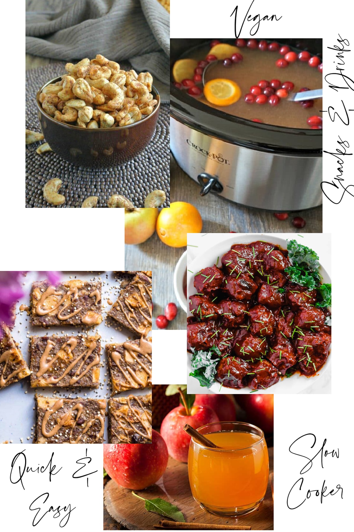 collage of vegan snacks and drinks that can be made in the slow cooker. 