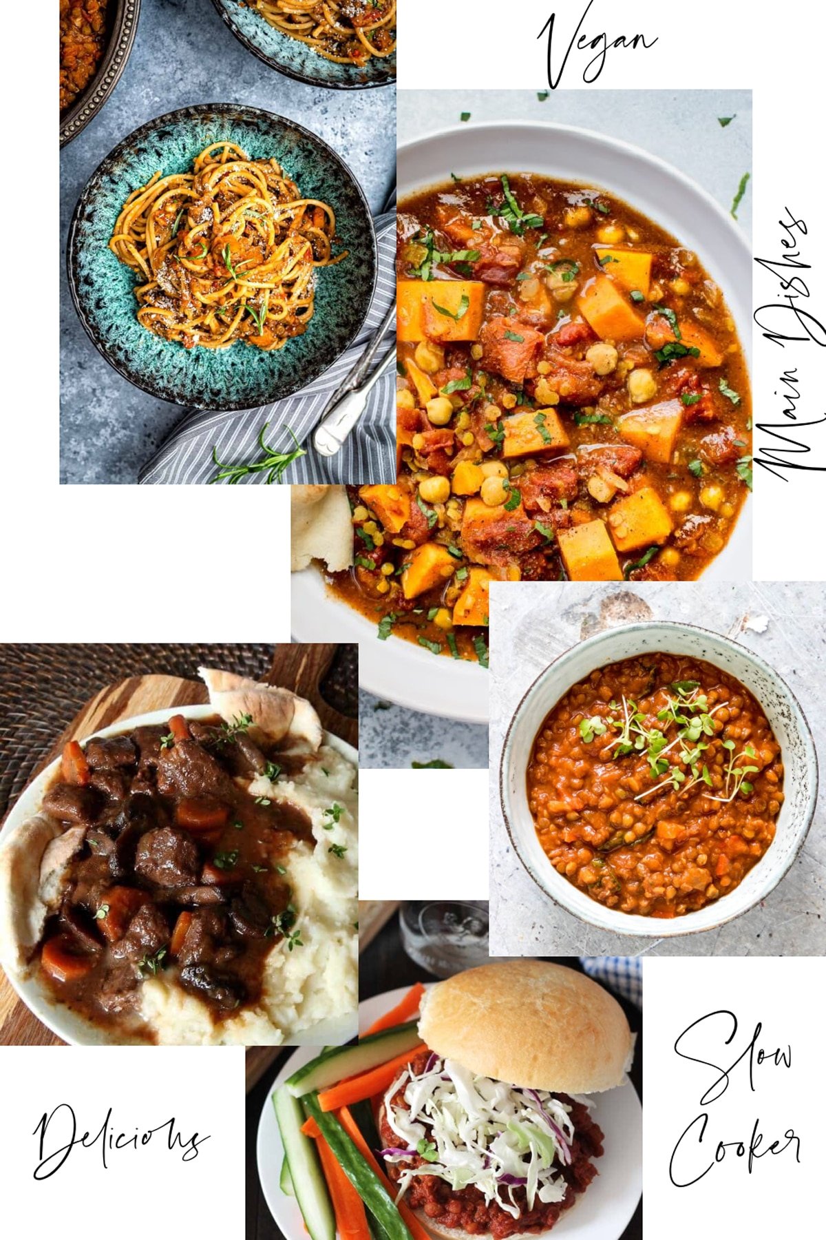 Main dishes that are vegan in a collage that can be made in a slow cooker. 