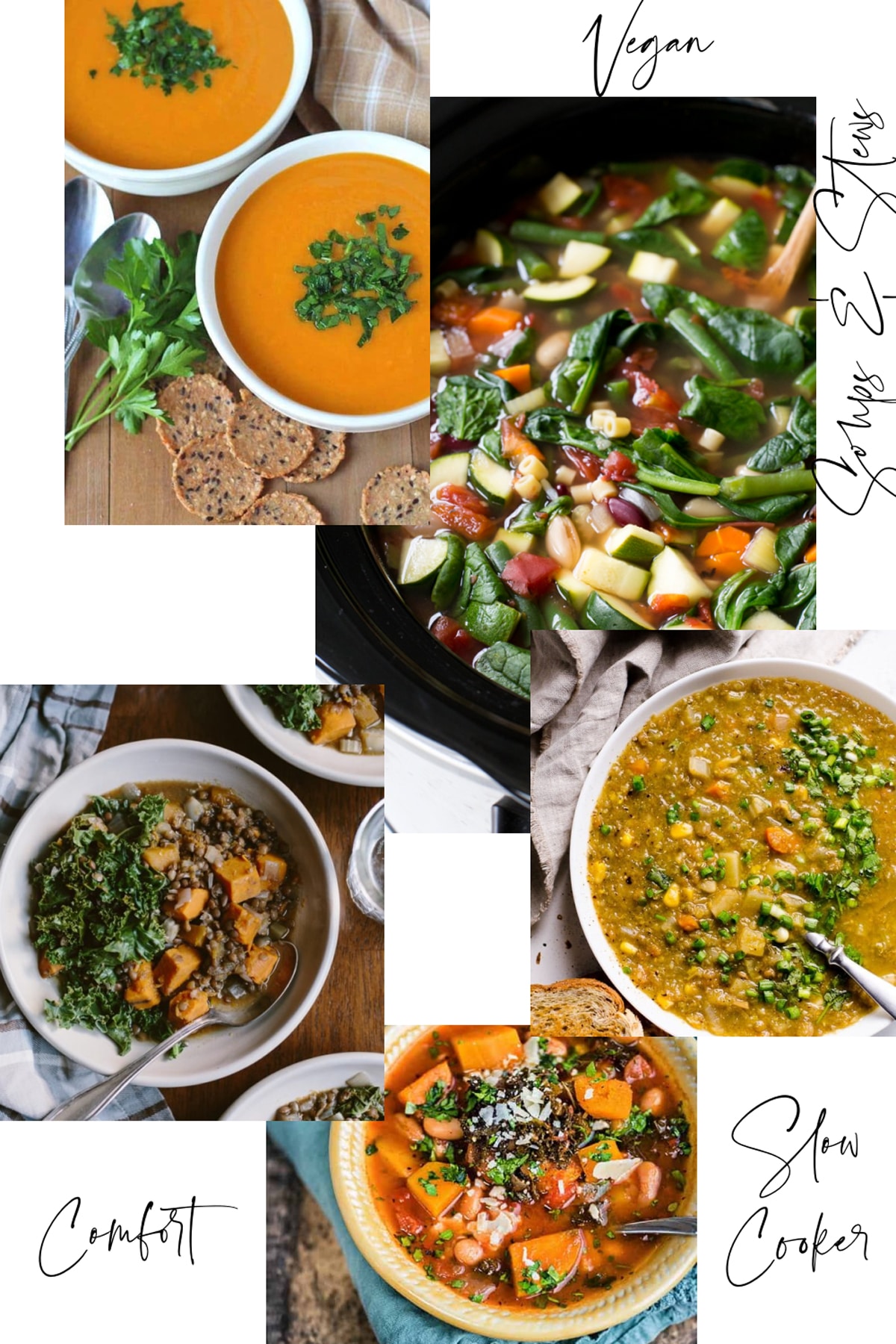 Soups and stews featured in a collage that can be made in a slow cooker. 
