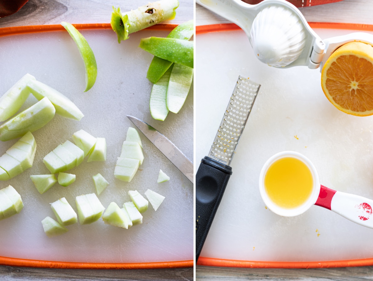 chopped apple and fresh squeezed orange juice on a cutting board. 