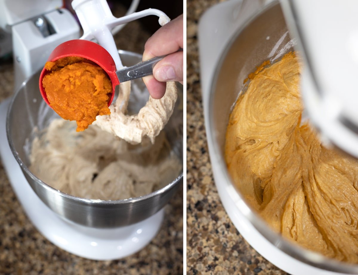 pumpkin puree being added to a bowl of muffin mix. 