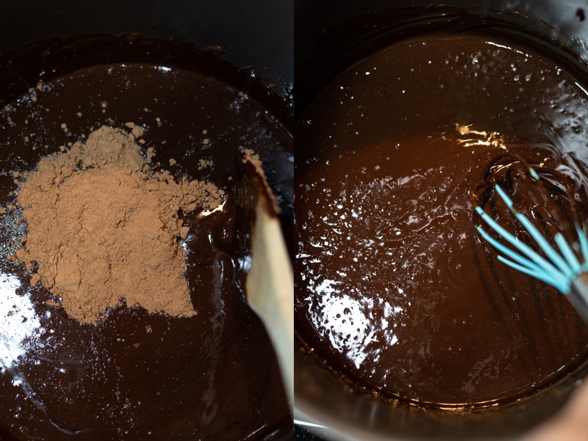 Melting chocolate on the stovetop and whisking in cocoa powder. 