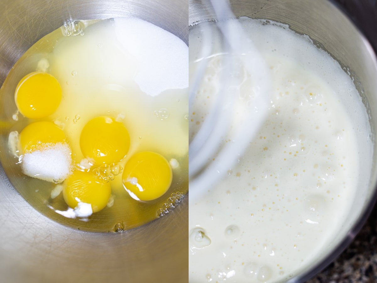 Eggs, sugar, and salt being beaten in a standing mixer. 