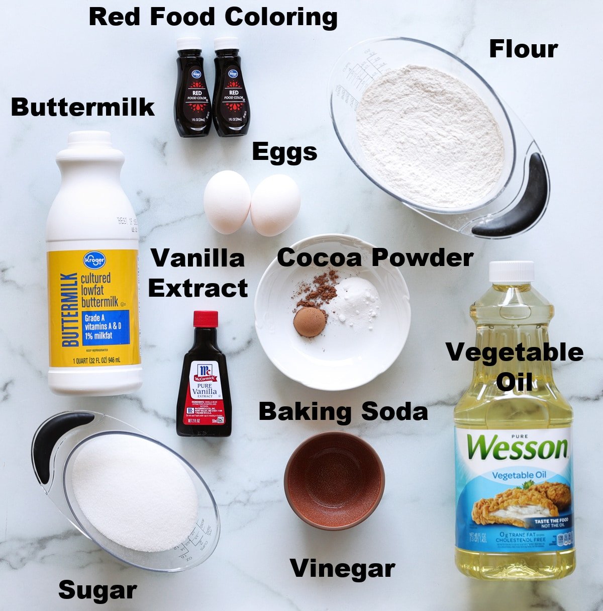 Ingredients for red velvet cake.