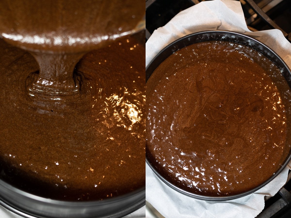 Pouring a chocolate mixture into a spring form pan. 