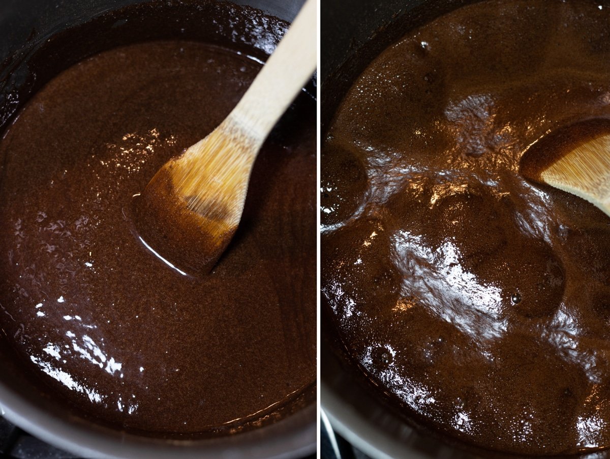 Stirring chocolate fudge with a wooden spoon. 