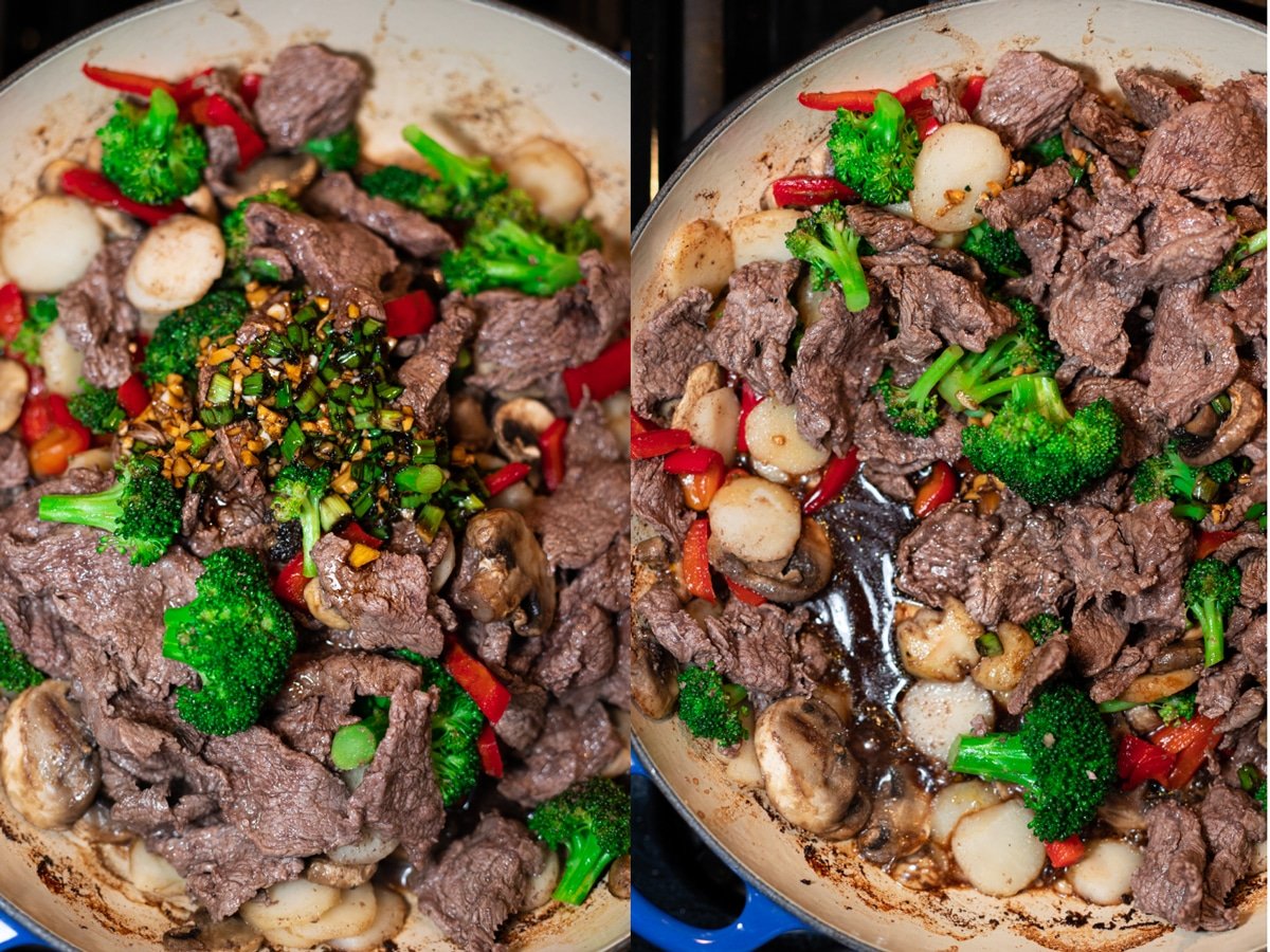 Two pictures of a skillet of stir fry with sauce being added. 