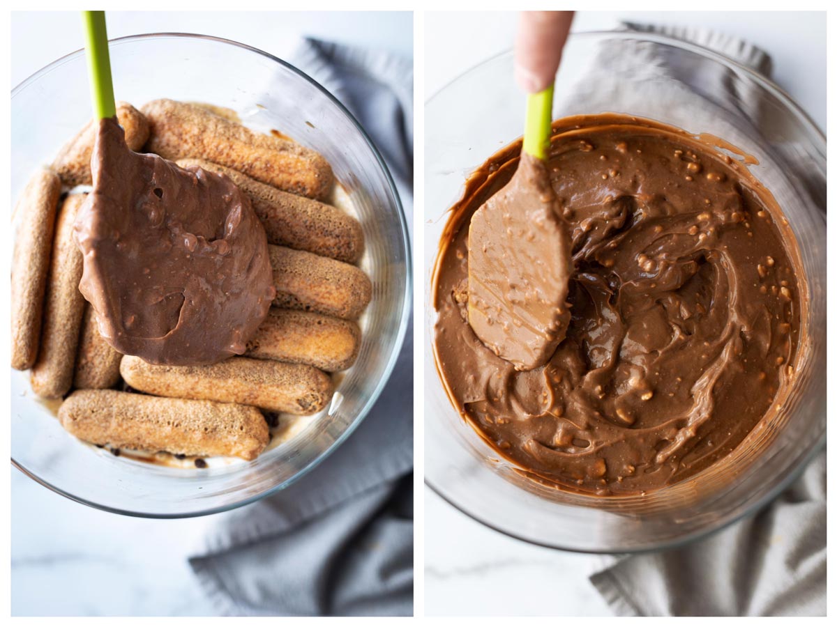 Person adding chocolate pudding over ladyfingers. 