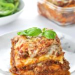 Homemade keto lasagna covered in marinara meat sauce and mozzarella cheese.
