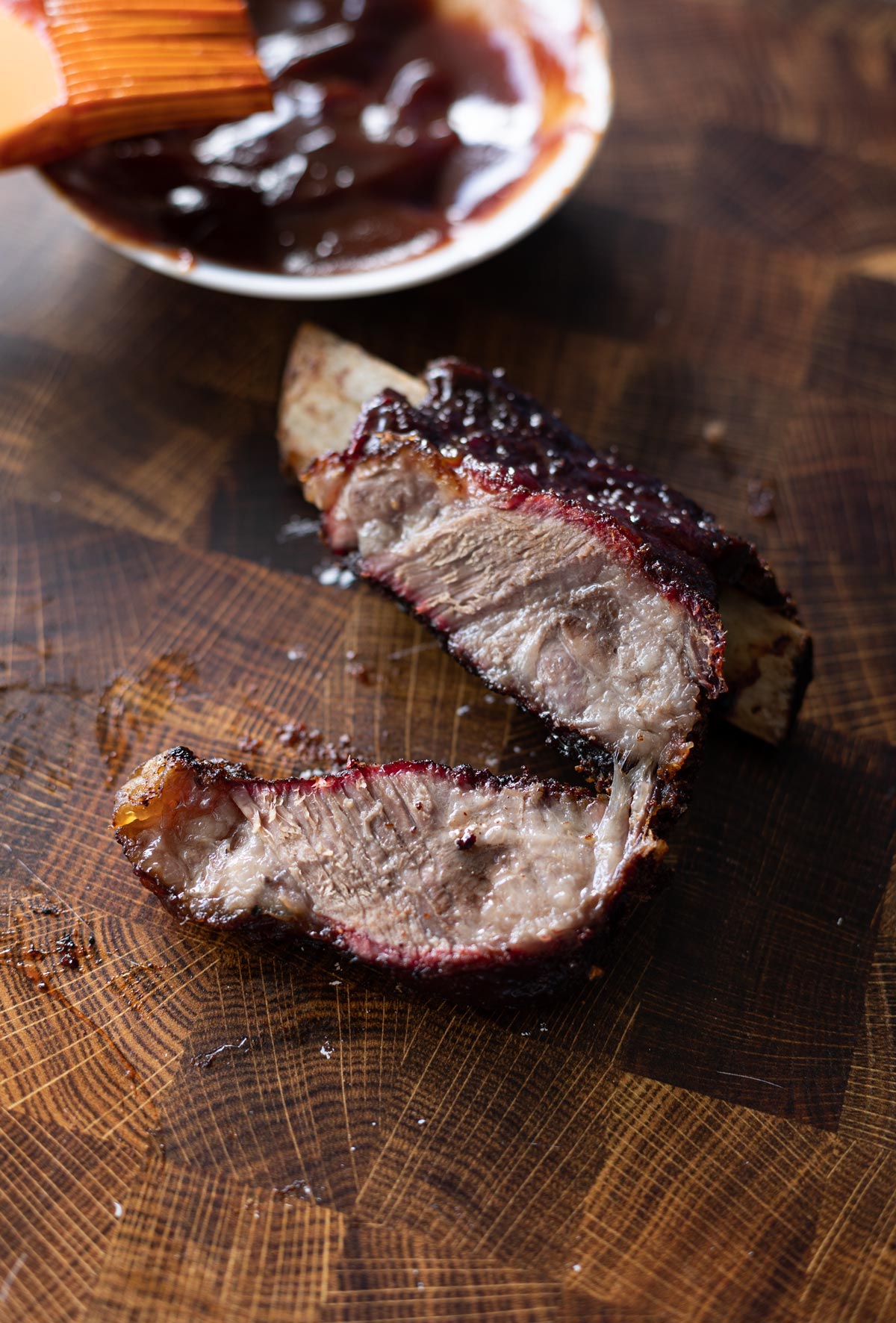 Close up of a sliced smoked short rib.