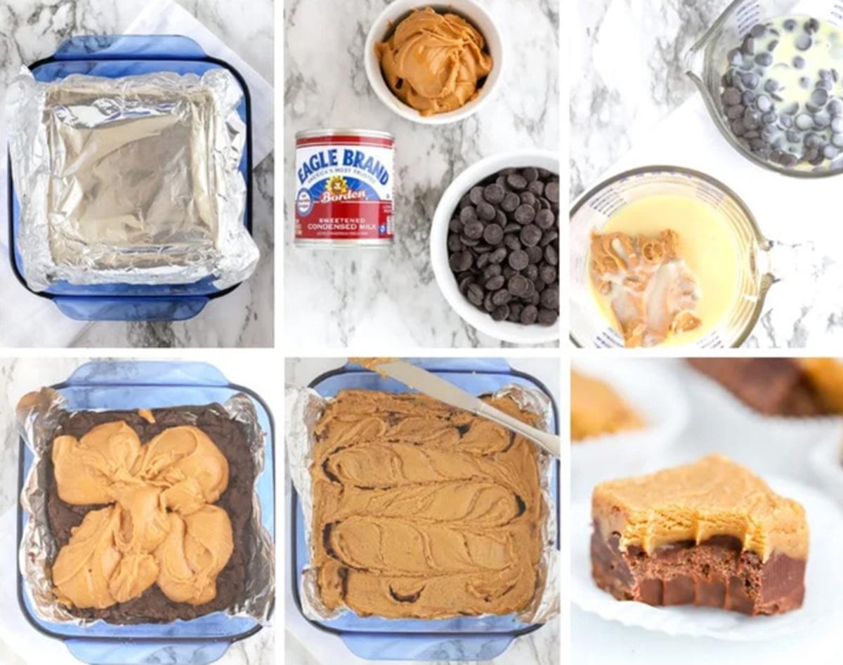 A collage of pictures showing how to make peanut butter fudge. 