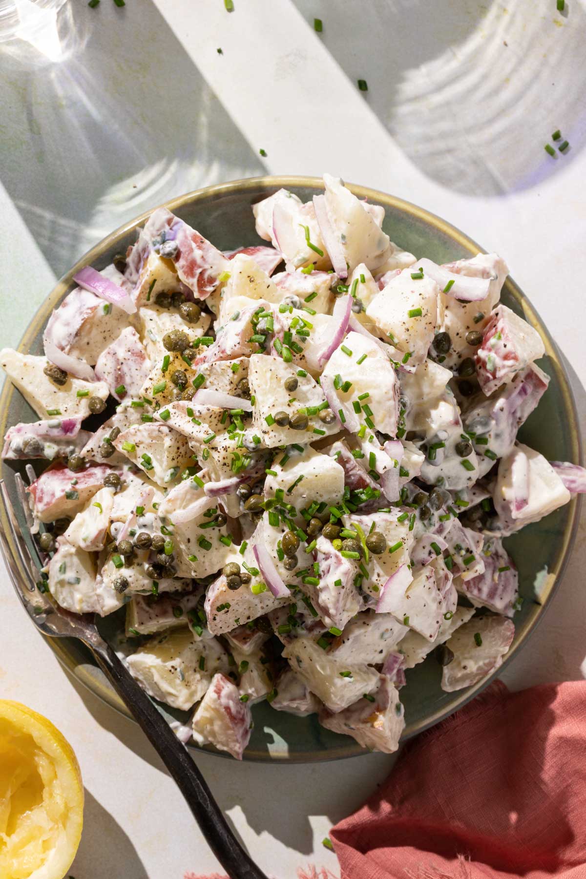 Creme fraiche potato salad on a counter.