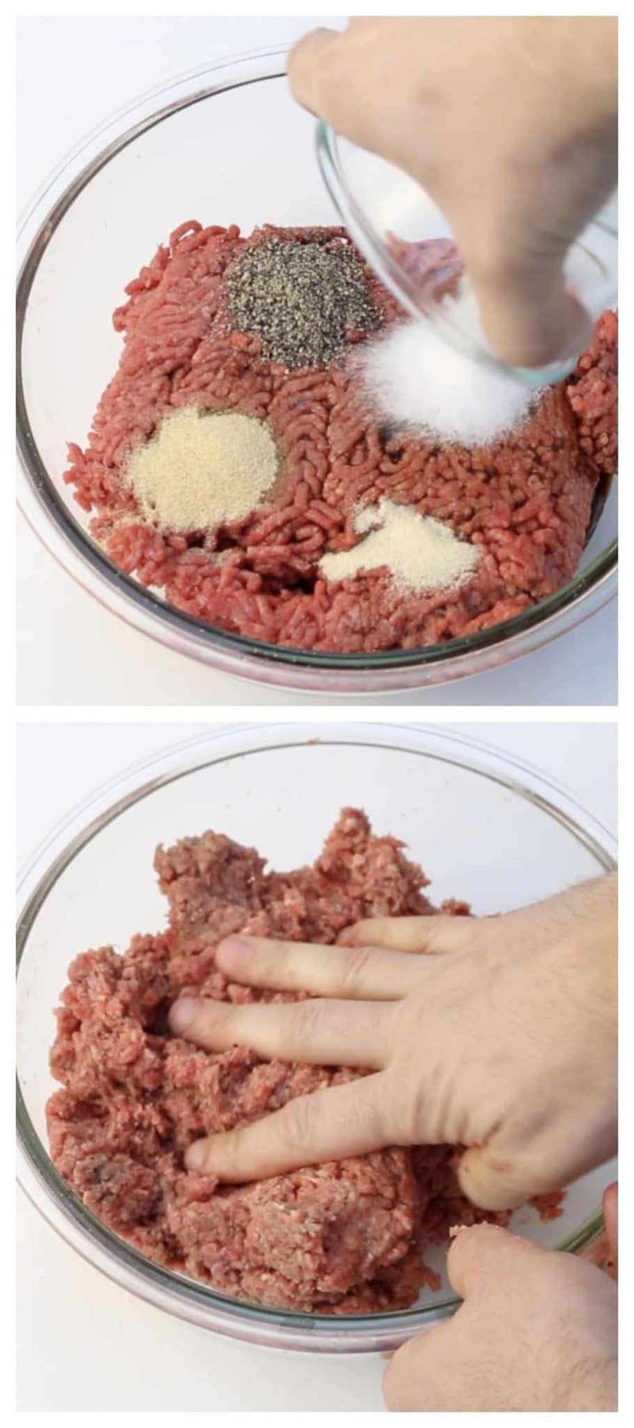 Juicy Lucy process photo mixing ground beef with spices
