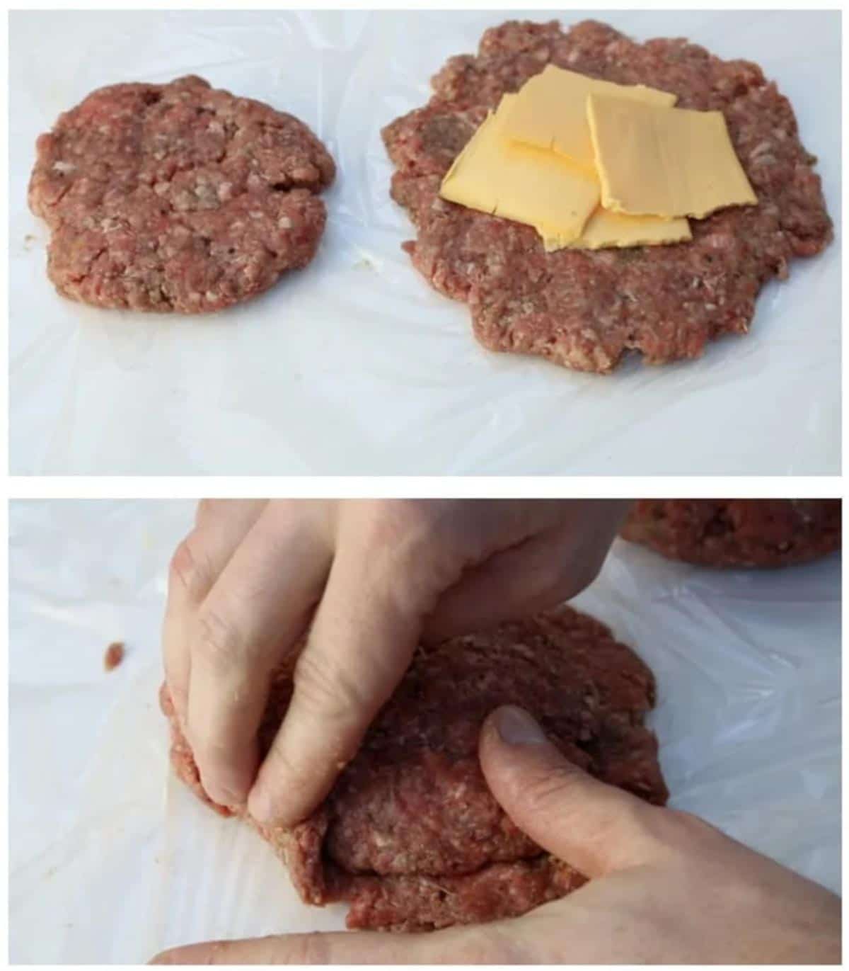 Person forming Juicy Lucy burgers with their hands. 