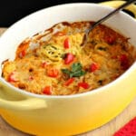 Casserole dish filled with a buffalo chicken zoodle bake.