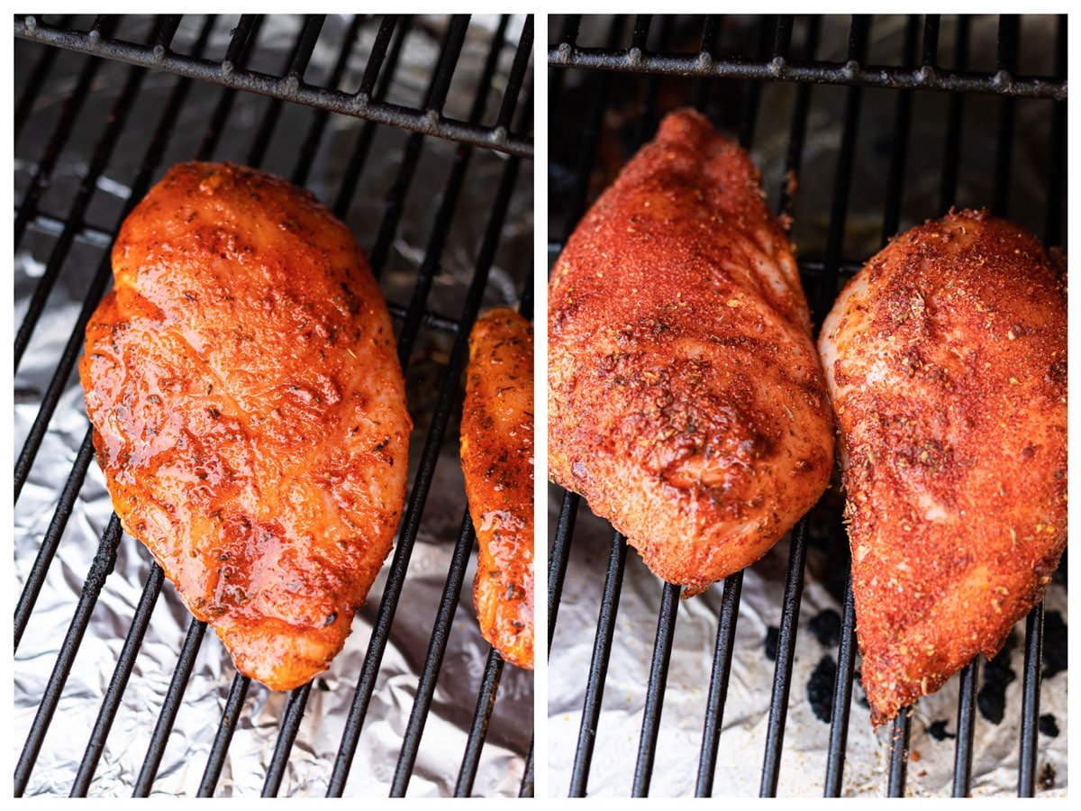 Seasoned chicken breasts in a smoker. 