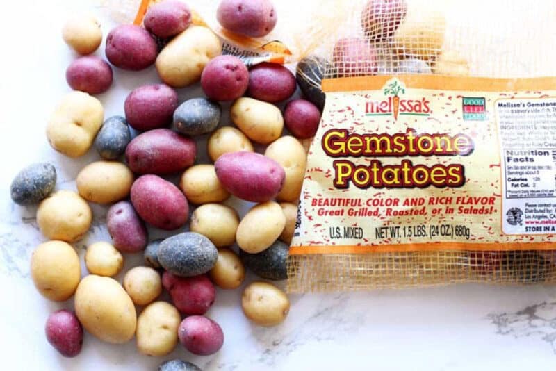 Bag of gemstone potatoes on a counter.