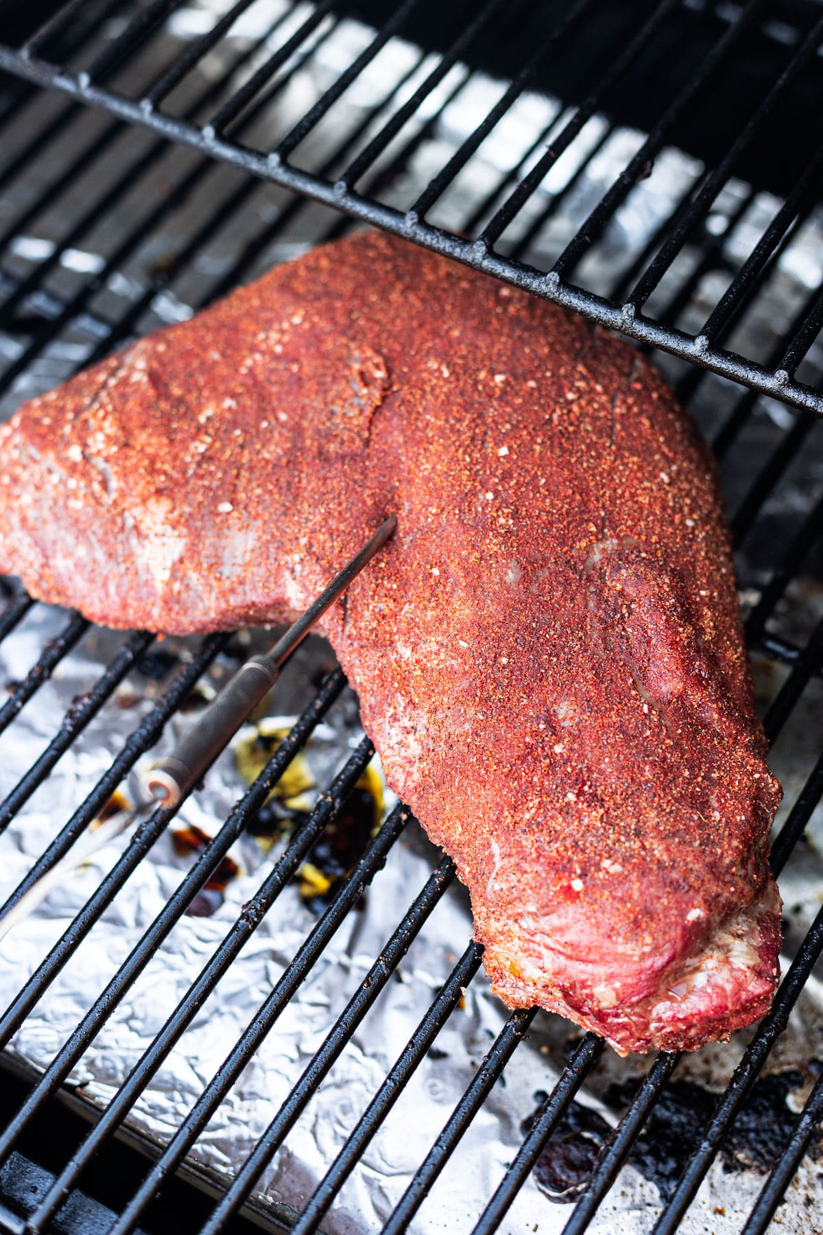 Closeup of Tri Tip on a smoker grill with a temperature probe.