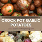 Collage of person making crock pot garlic potatoes.