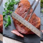 Side-by-side pictures showing the process of cutting tri tip.