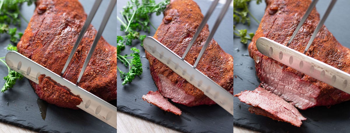Picture collage of a person cutting steak against the grain. 