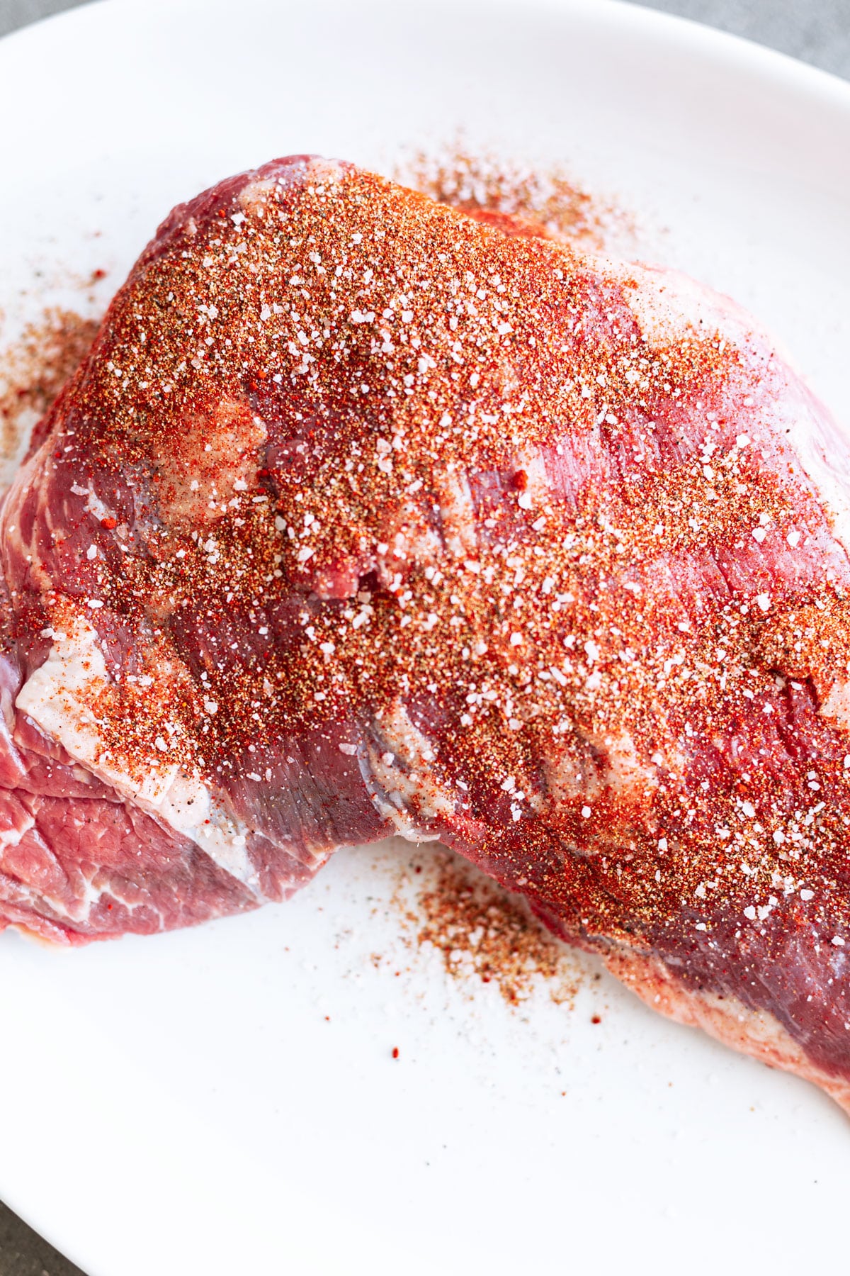 Cut of meat covered in a dry spice rub. 