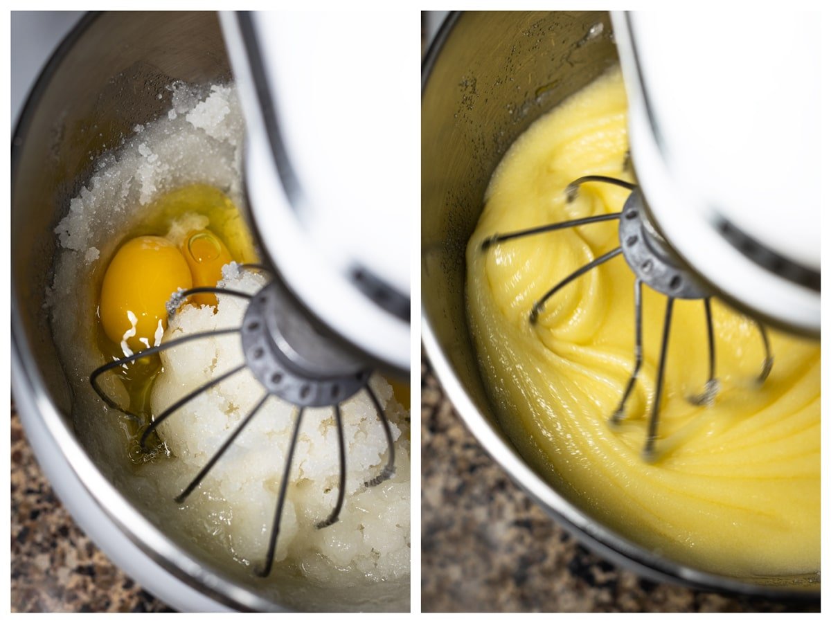 Standing mixer combining eggs with the oil and sugar mixture. 