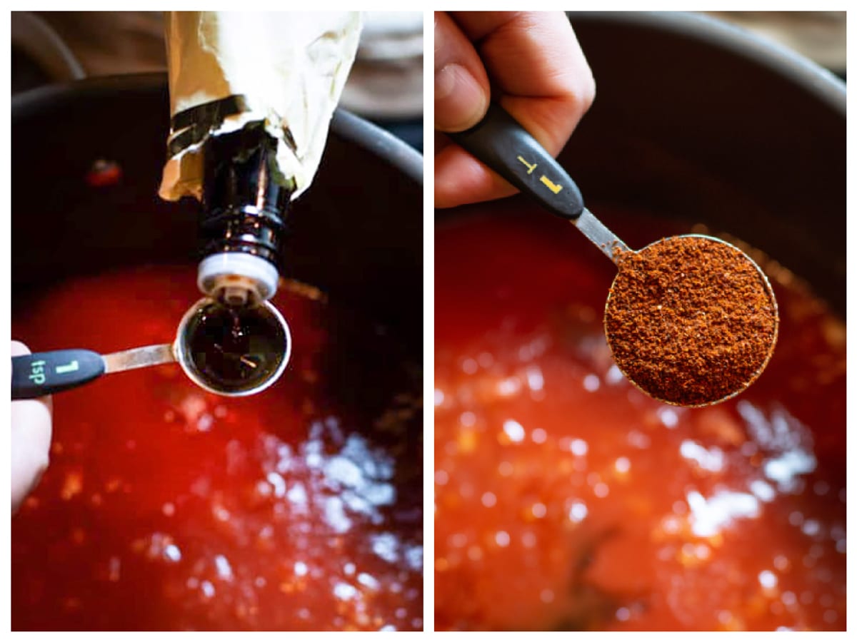 Person measuring chili powder and Worcestershire sauce and adding to pot of soup. 