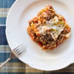 Over head view of the cabbage roll casserole on a plate.