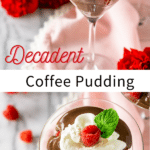 Coffee pudding in a wine glass cup with raspberry's on top.