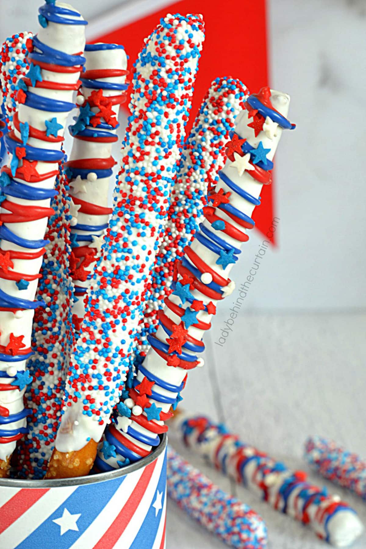 Festive pretzel sticks covered in icing. 