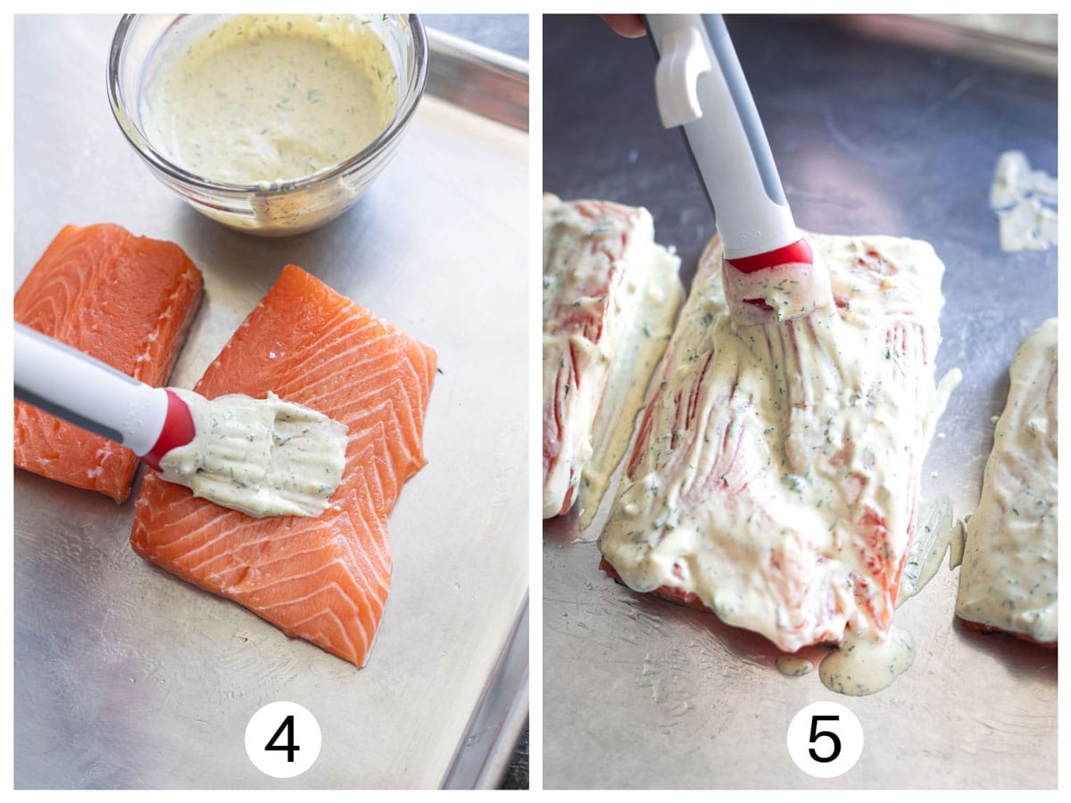 Step four and five, slathering the creamy dill sauce on top of the salmon fillets. 