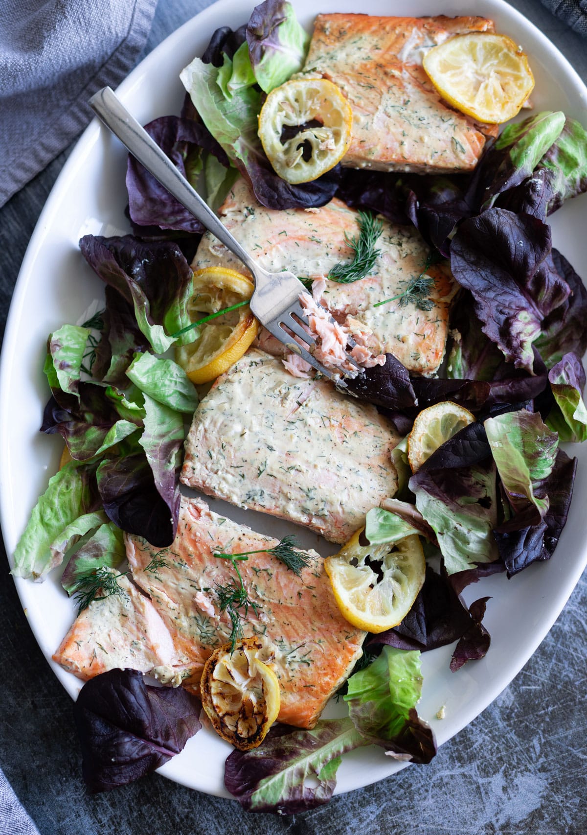 Salmon with dill sauce on a serving platter over a bed of mixed greens with roasted lemons.