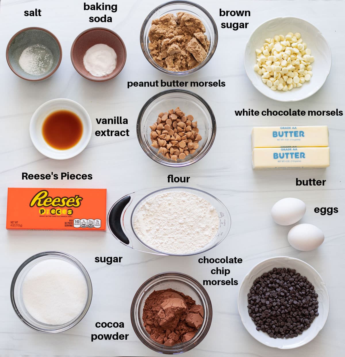 Ingredients on a counter to make triple chocolate cookies.