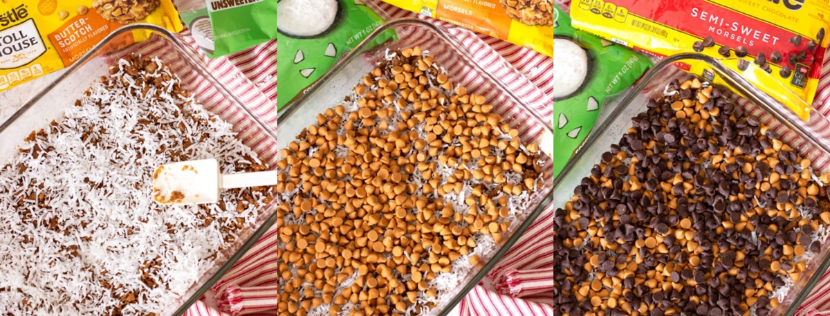 Collage of pictures showing how to make 7 layer bars. 