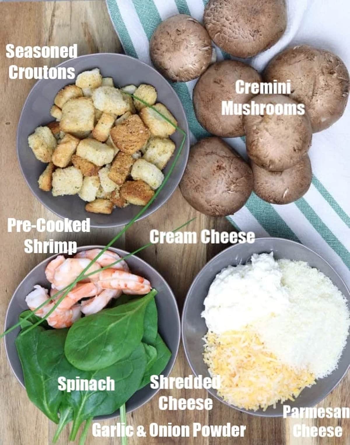 Ingredients on a counter showing how to make shrimp stuffed mushrooms.