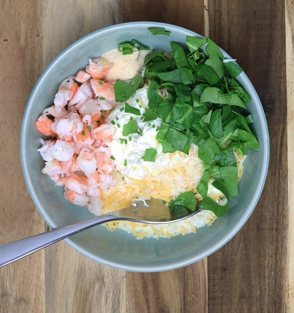 Shrimp stuffed ingredients in a bowl.