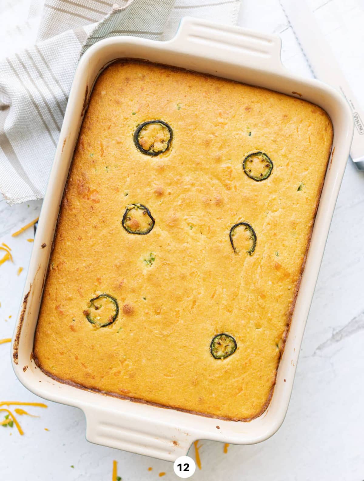 Pan of cooked jalepano cornbread. 