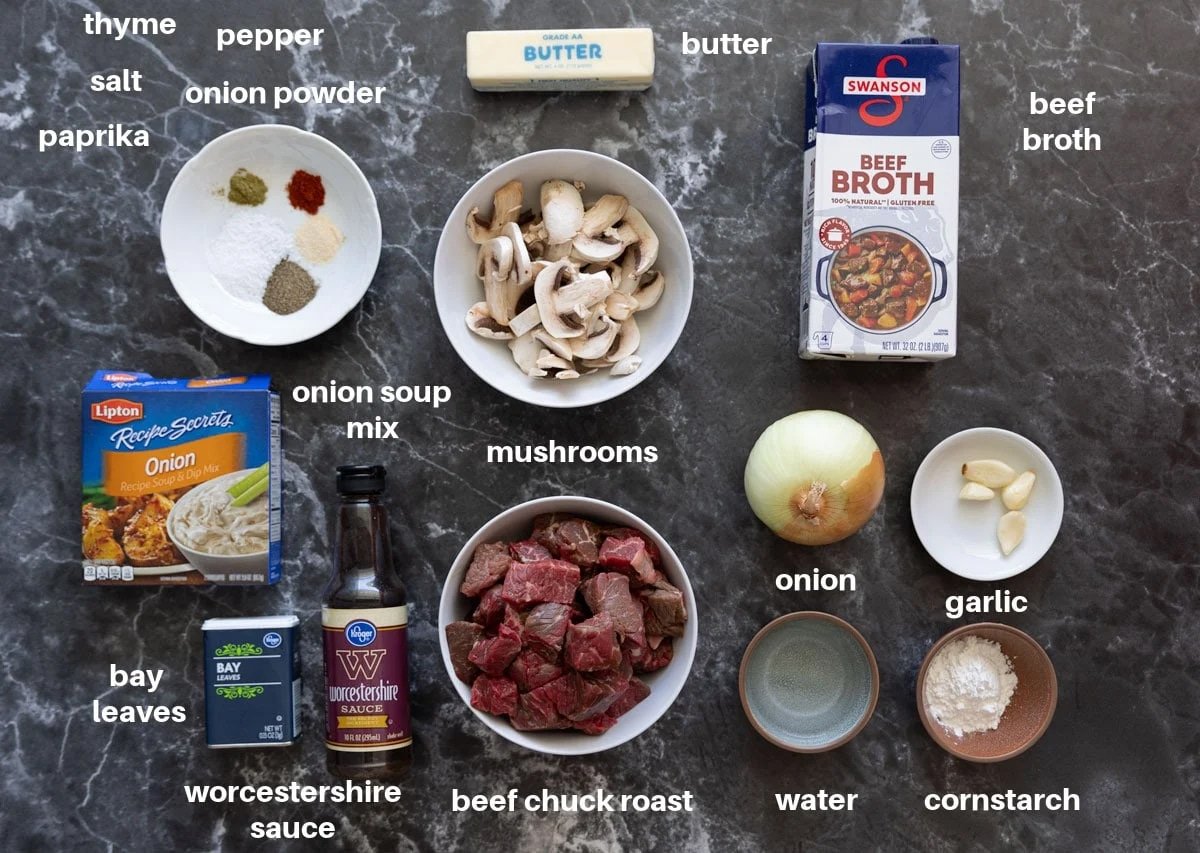 Ingredients on a counter showing what you need to make Instant Pot Beef Tips. 