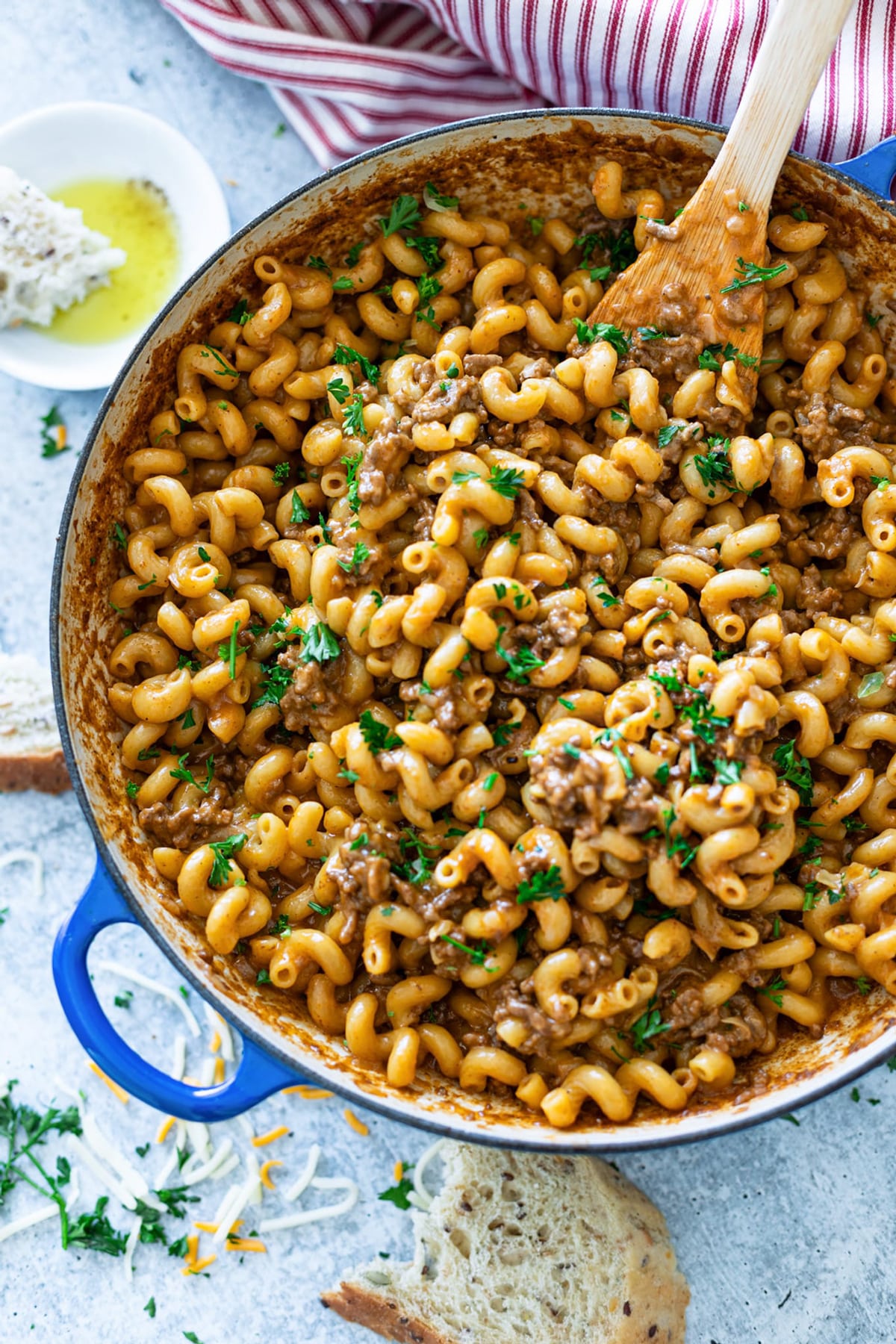Skillet filled with homemade hamburger helper.