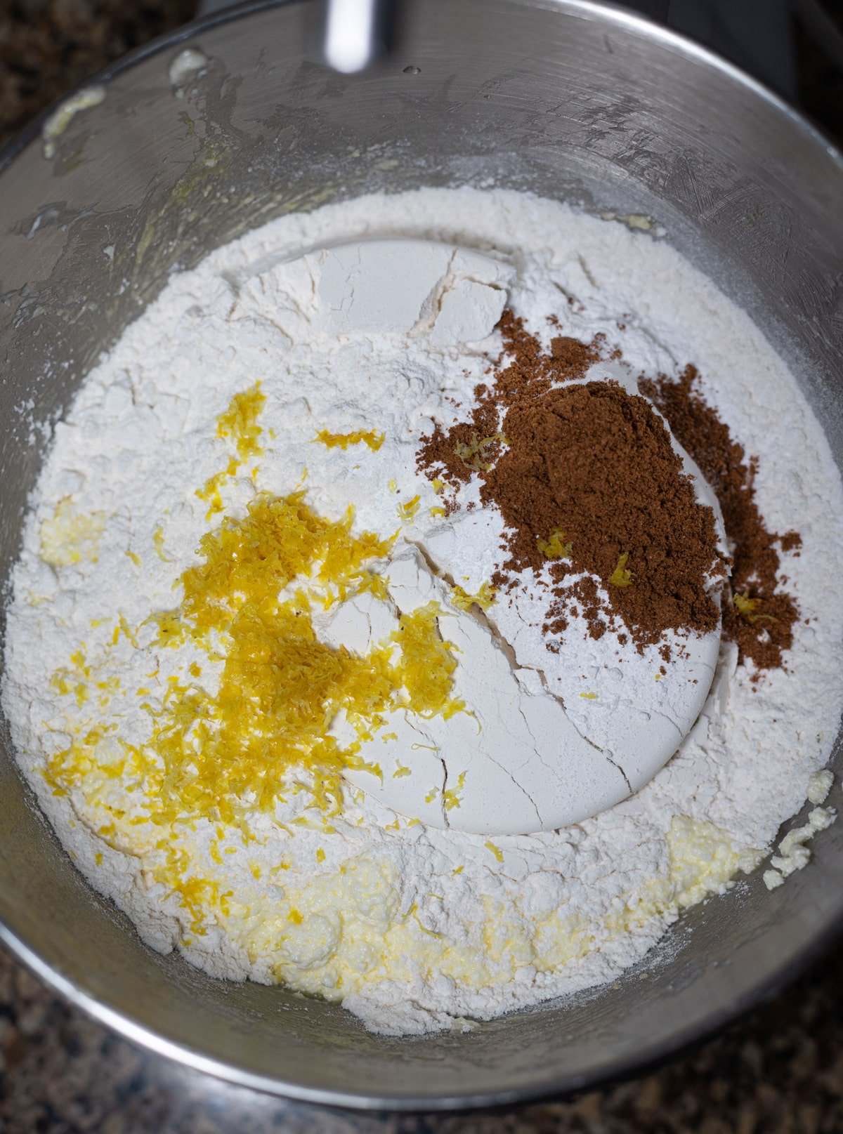 Mixing bowl filled with dry ingredients. 