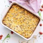 Fresh baked hash brown breakfast casserole being served.