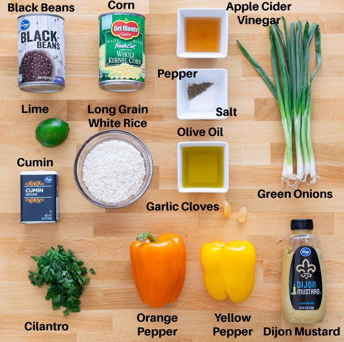Ingredients on a counter for making corn and black bean salad recipe.
