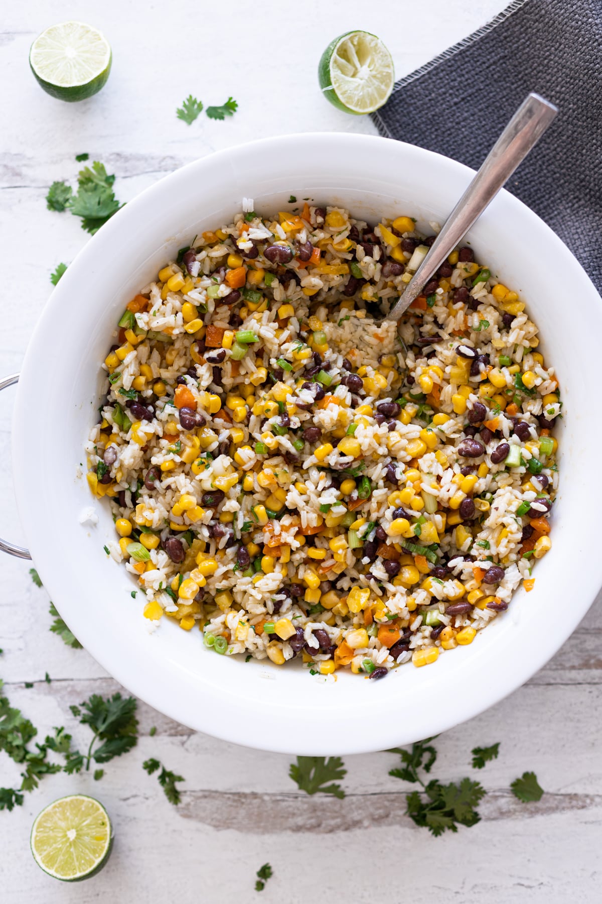 Bowl filled with corn and black bean salsa ready to be served.