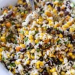 Close up of corn and black bean salad in a bowl.