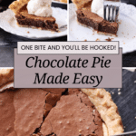 A collage of pictures showing a person how to make homemade chocolate pie.