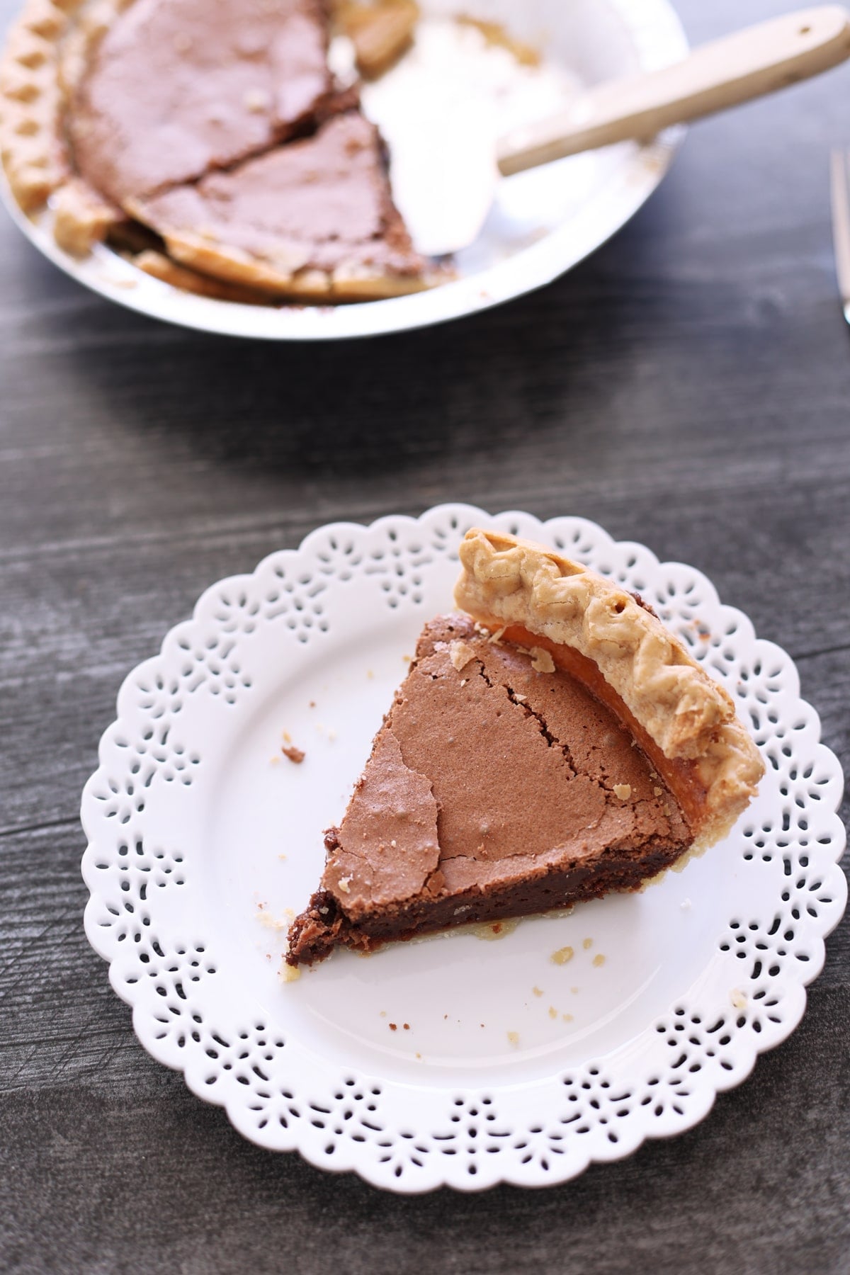 Piece of chocolate pie on a plate.