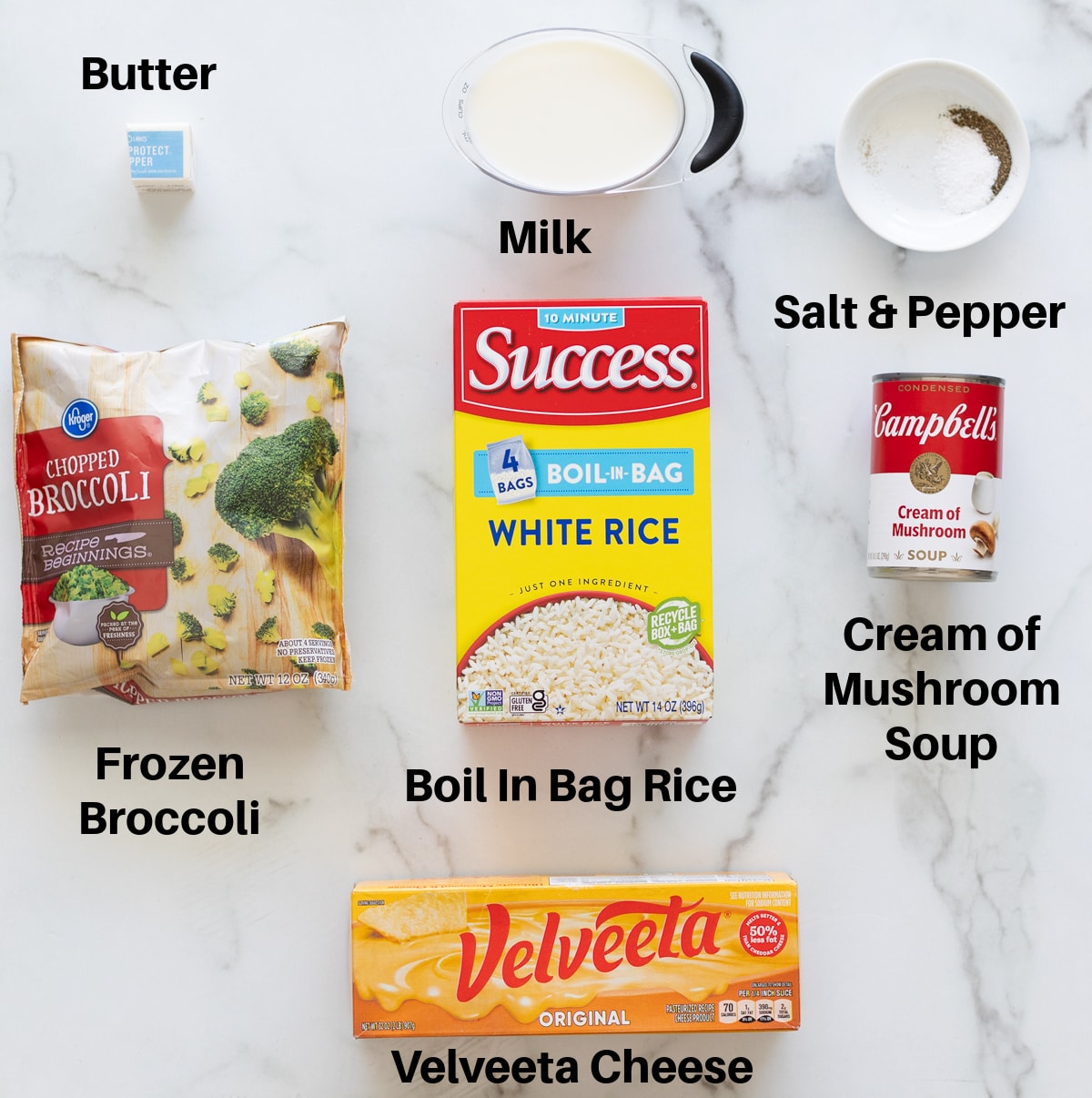 Ingredients on a counter to make a broccoli and rice casserole.